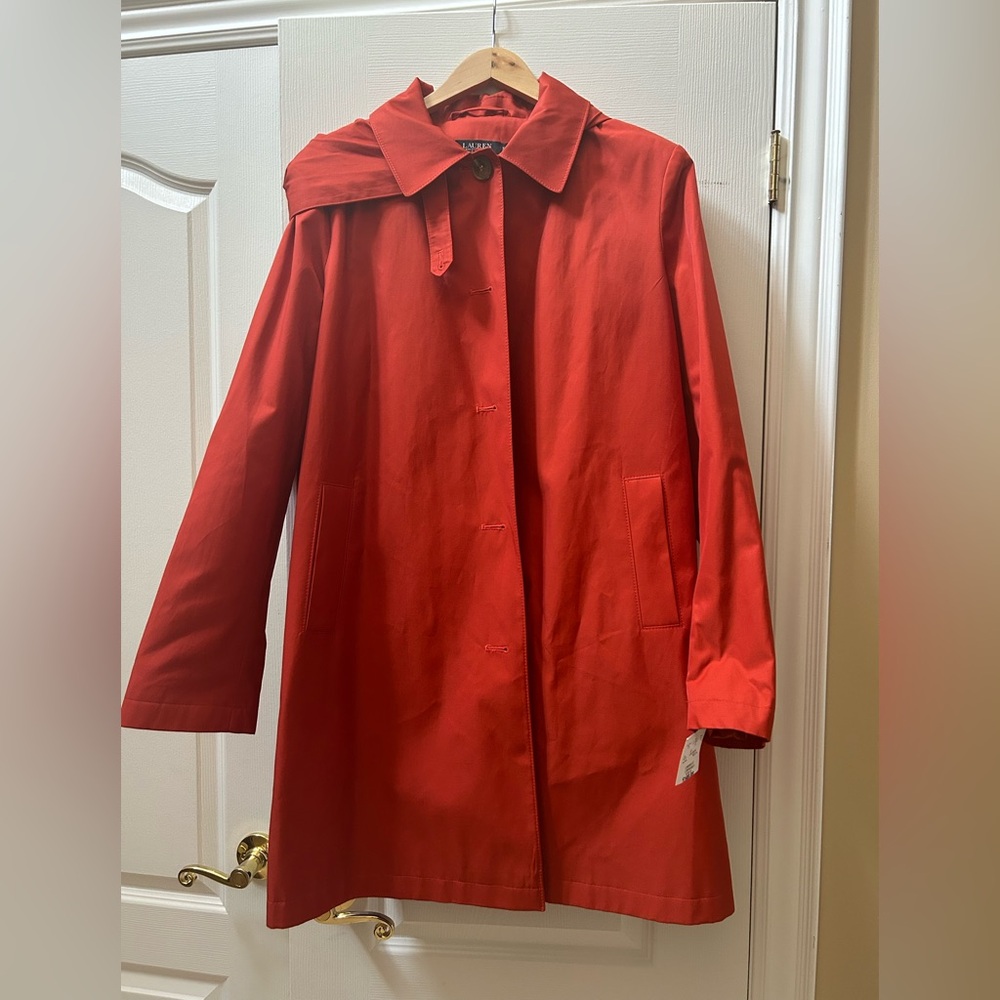 Ralph Lauren Vibrant Red Trench Coat With Removable Hood